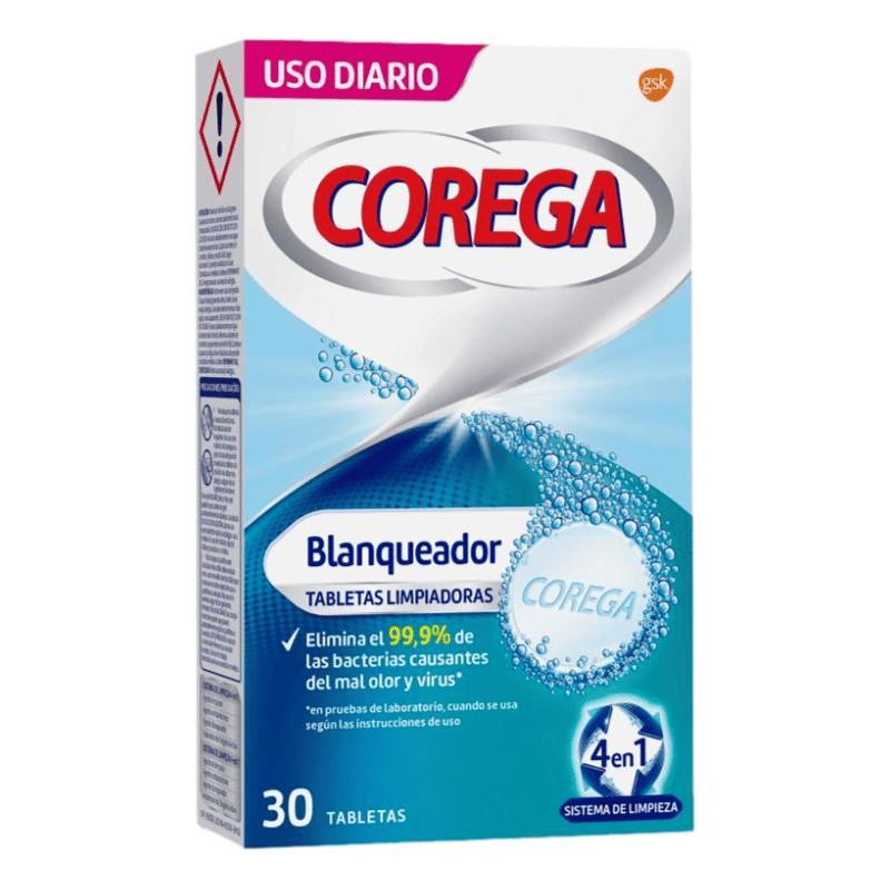 Tabletas limpiadoras COREGA Blanqueador 30 unidades – limpieza profunda y blanqueadora para prótesis dentales